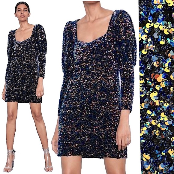 Zara Multicolour Sequin Velvet Velour Party Disco Mini Long Puff Sleeve Dress - Picture 1 of 17